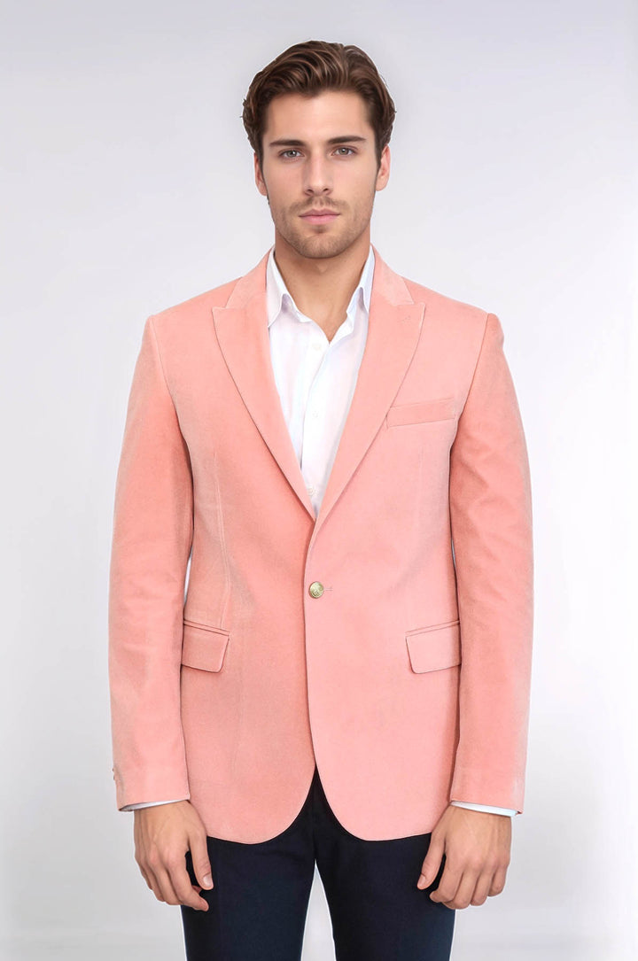 Blazer da uomo rosa in velluto con risvolto ampio - Wessi