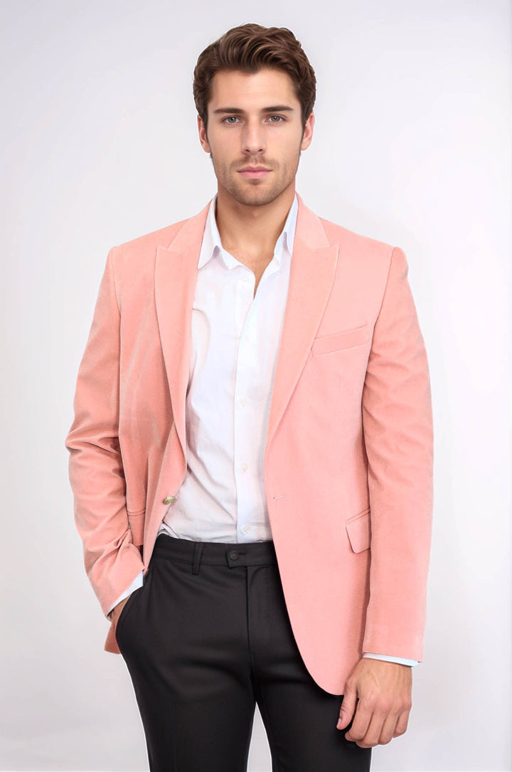 Blazer da uomo rosa in velluto con risvolto ampio - Wessi