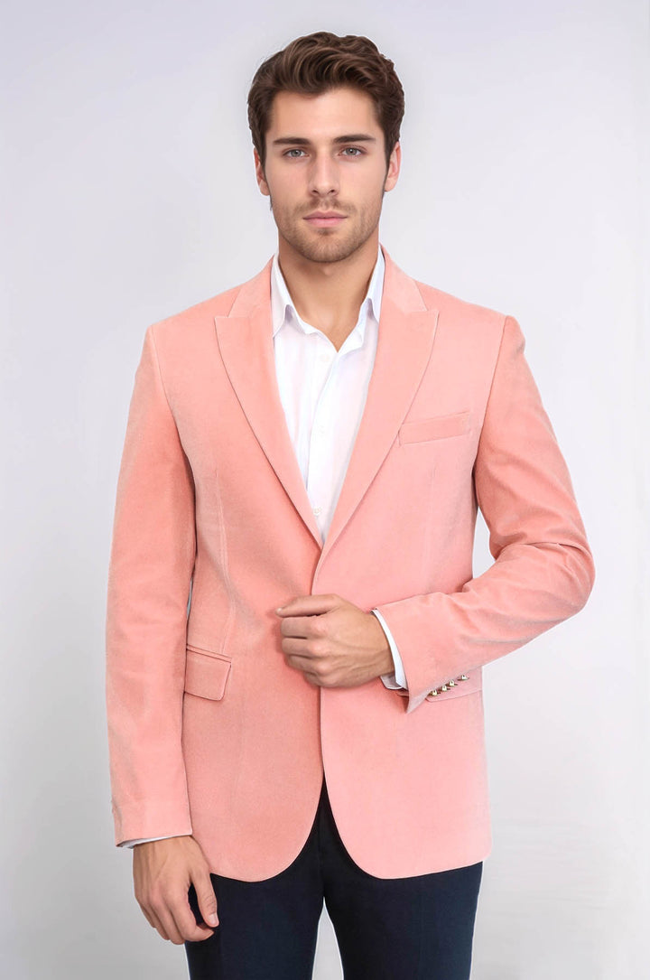 Blazer da uomo rosa in velluto con risvolto ampio - Wessi