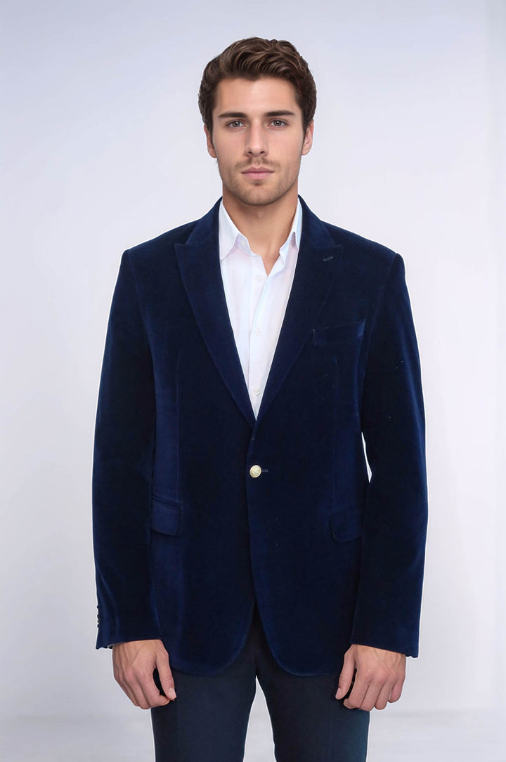 Blazer Terciopelo Azul Marino Solapa De Pico Ancha - Wessi