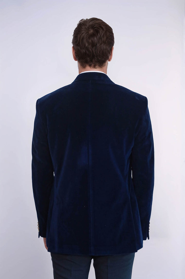 Blazer Terciopelo Azul Marino Solapa De Pico Ancha - Wessi