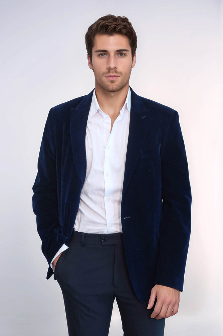 Blazer Terciopelo Azul Marino Solapa De Pico Ancha - Wessi