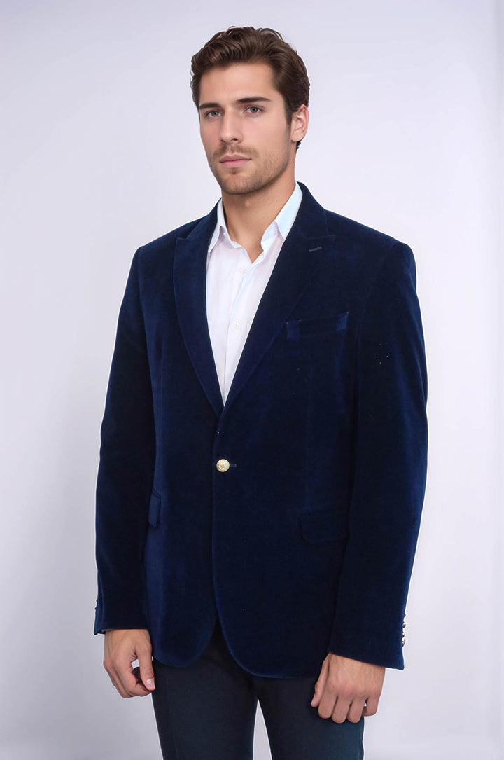 Blazer Terciopelo Azul Marino Solapa De Pico Ancha - Wessi