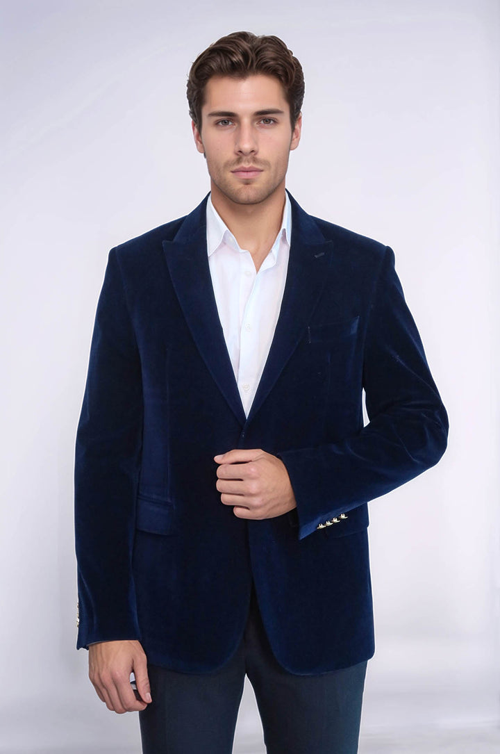 Blazer Terciopelo Azul Marino Solapa De Pico Ancha - Wessi