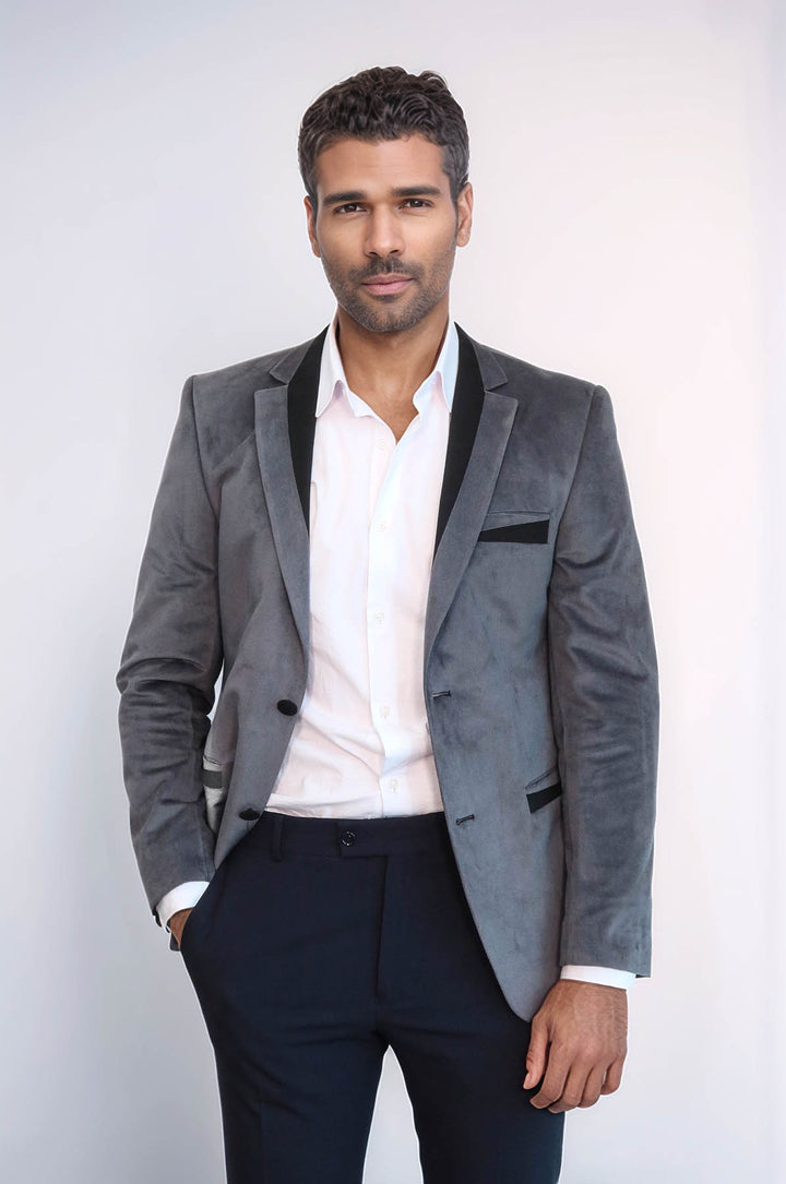 2 Buttons Pocket Piping Velvet Grey Jacket