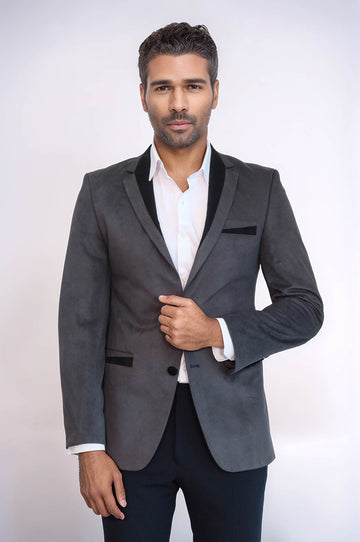 2 Buttons Pocket Piping Velvet Grey Jacket