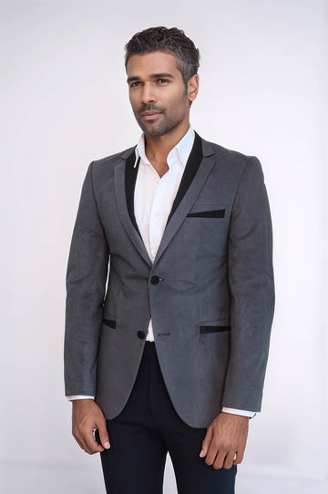 2 Buttons Pocket Piping Velvet Grey Jacket