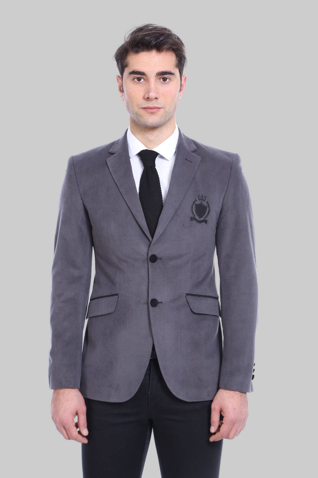 Chaqueta gris terciopelo con solapa y bolsillo-Wessi