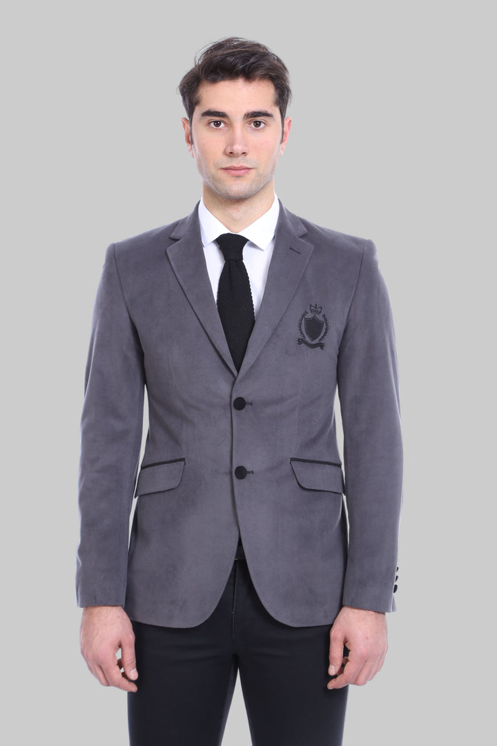 Chaqueta gris terciopelo con solapa y bolsillo-Wessi