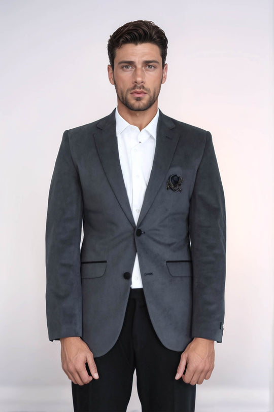 Chaqueta gris terciopelo con solapa y bolsillo-Wessi