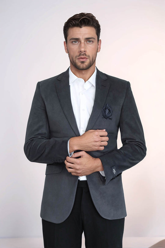 Chaqueta gris terciopelo con solapa y bolsillo-Wessi