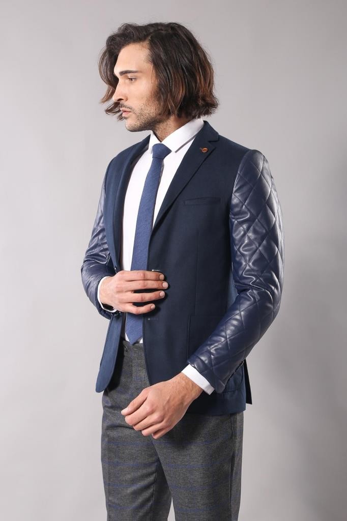 Blazer Cache Bleu Marine Matelassé Manches Cuir - Wessi
