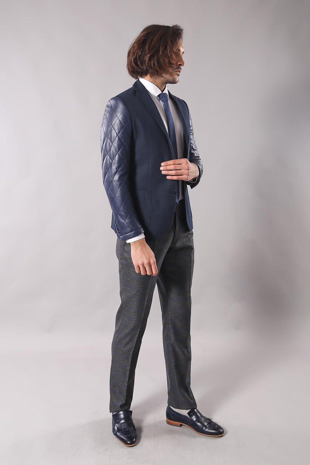 Blazer Cache Bleu Marine Matelassé Manches Cuir - Wessi