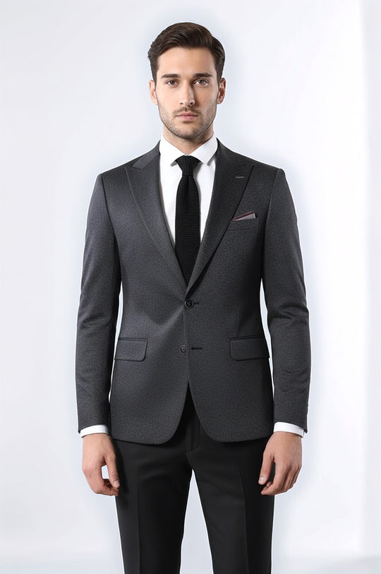 Single Button Double Vent Pointed Collar Navy Blue Blazer - Wessi