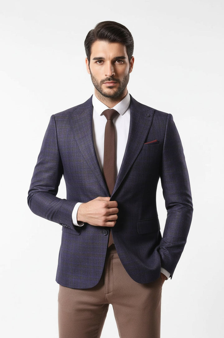 Double Breasted Plaid Burgundy Blazer - Wessi