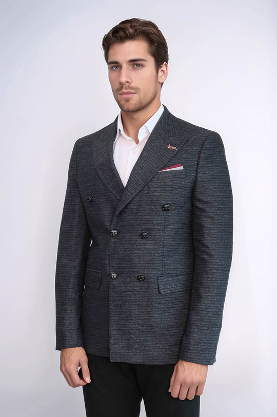 Double Breasted Slim Fit Navy Blue Blazer - Wessi