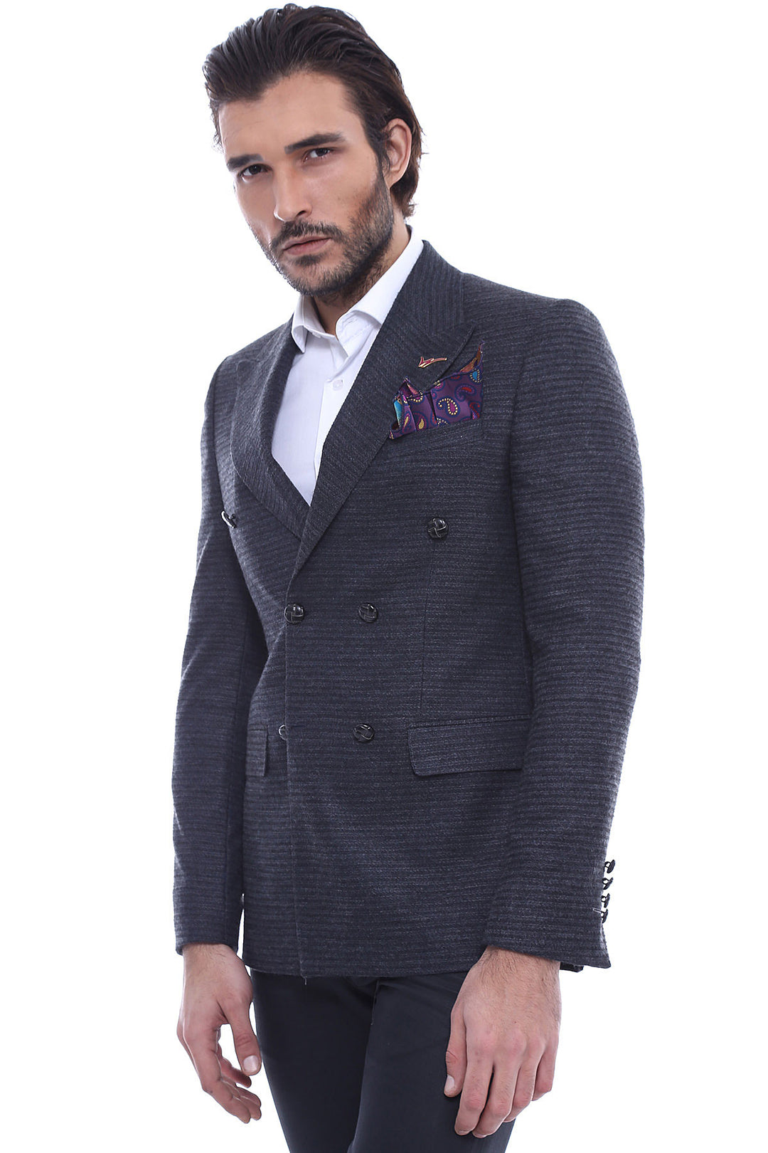 Double Breasted Slim Fit Navy Blue Blazer - Wessi