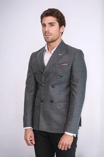 Double Breasted Slim Fit Grey Blazer - Wessi
