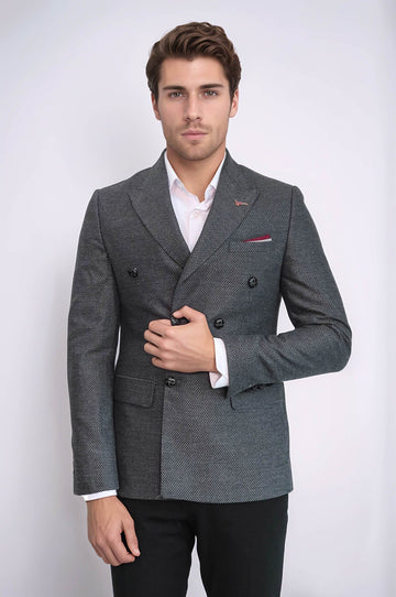 Double Breasted Slim Fit Grey Blazer - Wessi