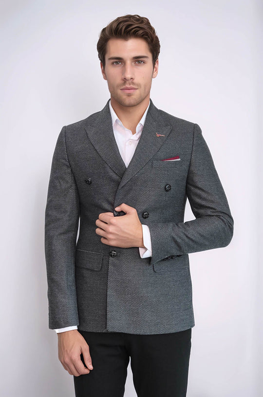 Double Breasted Slim Fit Grey Blazer - Wessi