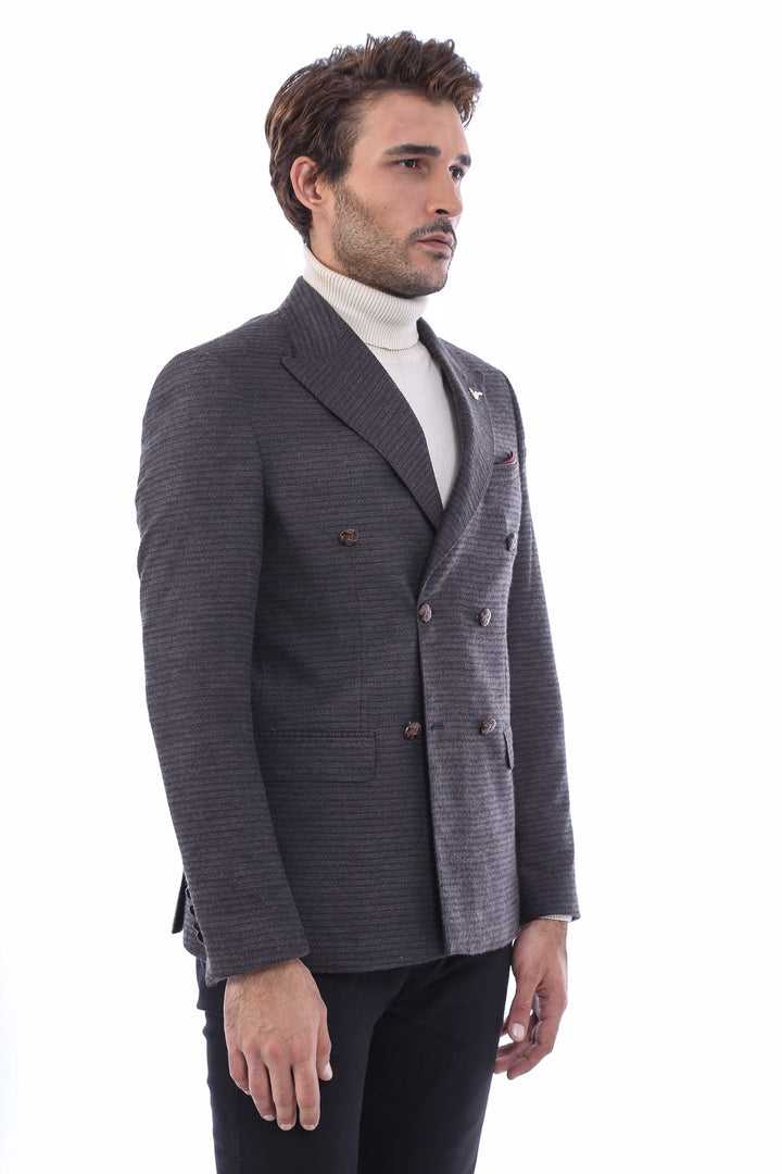 Double Breasted Slim Fit Brown Blazer - Wessi
