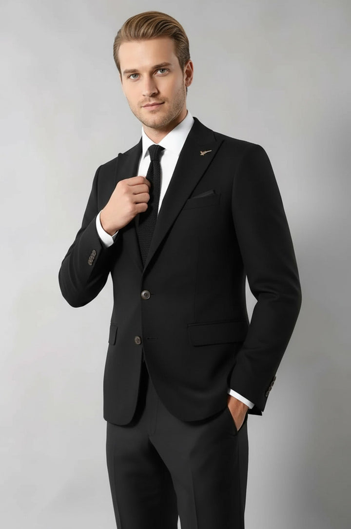 Single Button Pointed Collar Black Blazer - Wessi