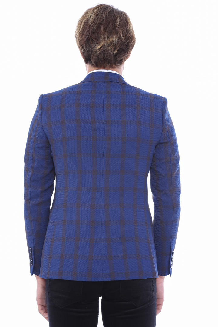 Double Breasted Pointed Collar Plaid Bast Blue Jacket-Wessi
