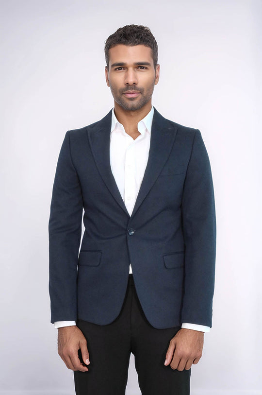 Peak Lapel Single Button Plain Navy Blue Men Blazer - Wessi