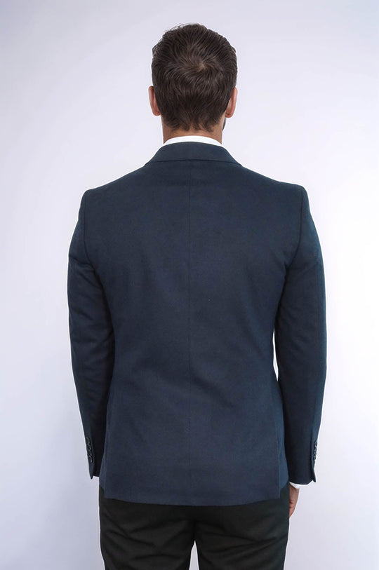 Peak Lapel Single Button Plain Navy Blue Men Blazer - Wessi
