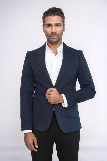 Peak Lapel Single Button Plain Navy Blue Men Blazer - Wessi