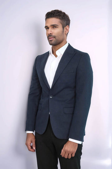 Peak Lapel Single Button Plain Navy Blue Men Blazer - Wessi