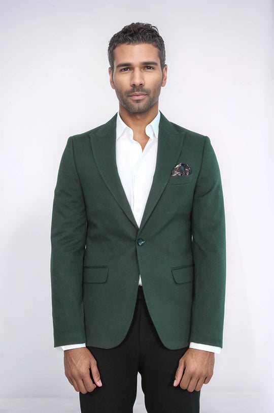 Peak Lapel Single Button Plain Green Men Blazer - Wessi