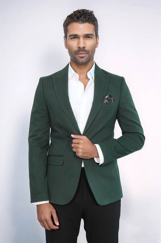 Peak Lapel Single Button Plain Green Men Blazer - Wessi