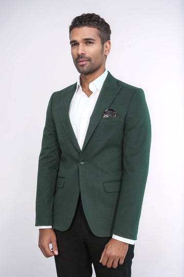 Peak Lapel Single Button Plain Green Men Blazer - Wessi