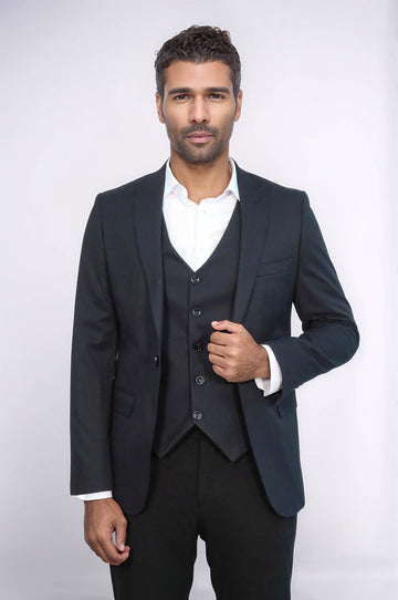 Plain Navy Blue Blazer Vest Set - Wessi