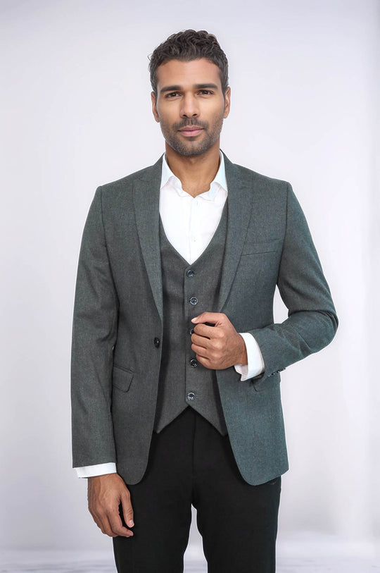 blazer with dress shirt Athletic Fit Stretch Wool This suit comes in our signature athletic fit that rewards those with an athletic physique Grey Plain Blazer and Vest