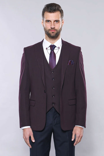 Burgundy Slim Fit Suit, White Shirt, and Navy Blue Tie Modern Classic Look - Wessi