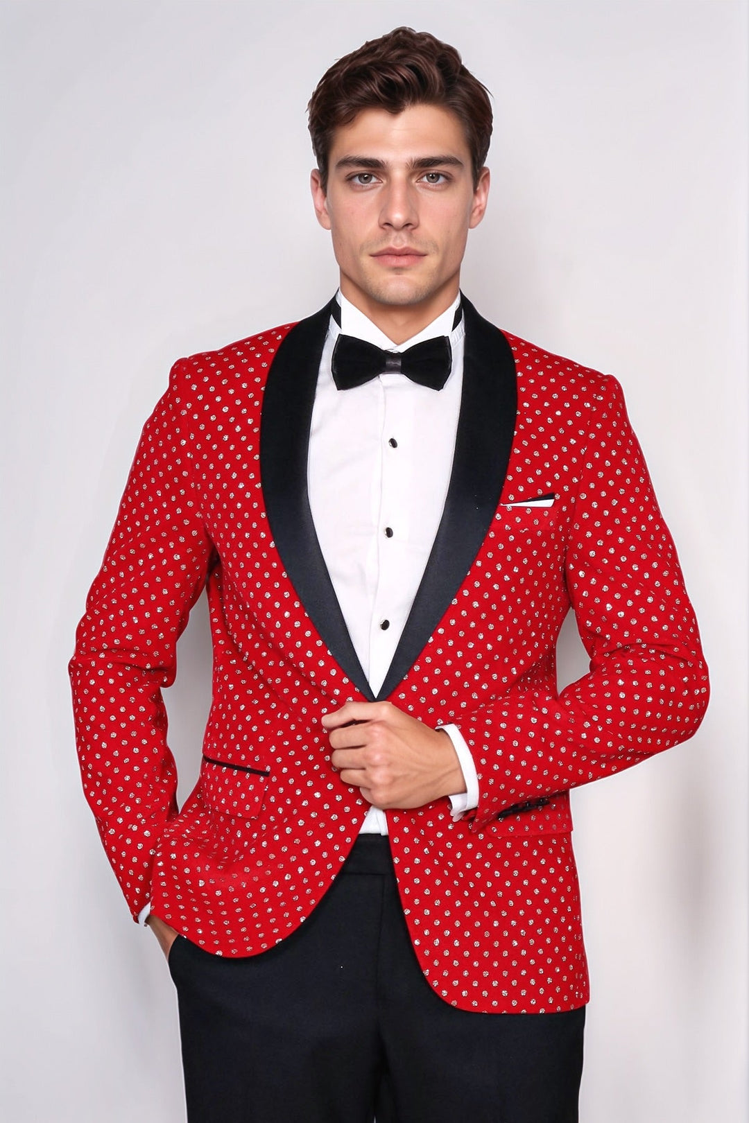 Dot Patterned Slim Fit Red Men Singer Tuxedo Blazer - Wessi