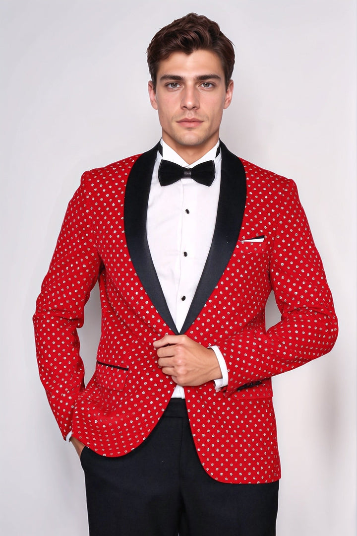 Dot Patterned Slim Fit Red Men Singer Tuxedo Blazer - Wessi