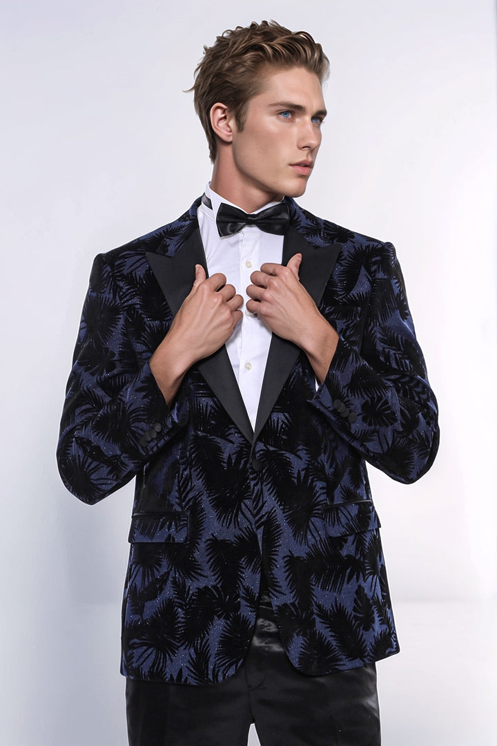 Blazer de fiesta para hombre azul marino con estampado de hojas brillantes - Wessi