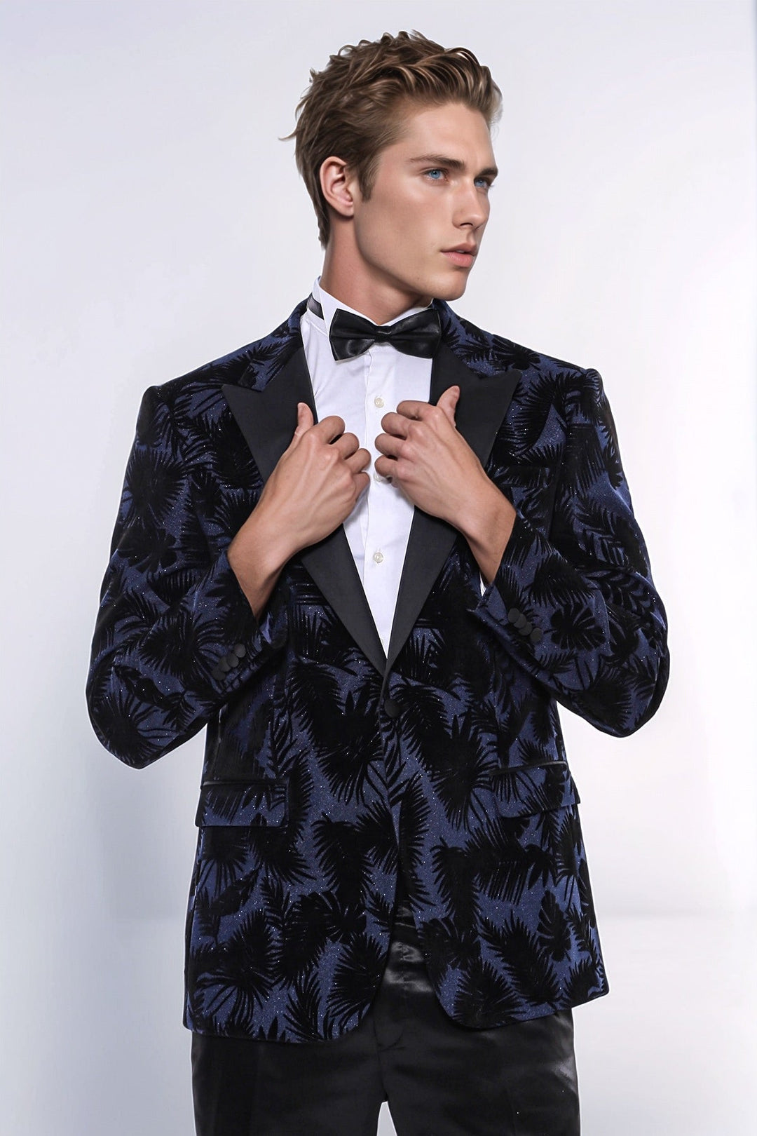Shiny Leaf Patterned Navy Blue Men Tuxedo Party  Blazer - Wessi