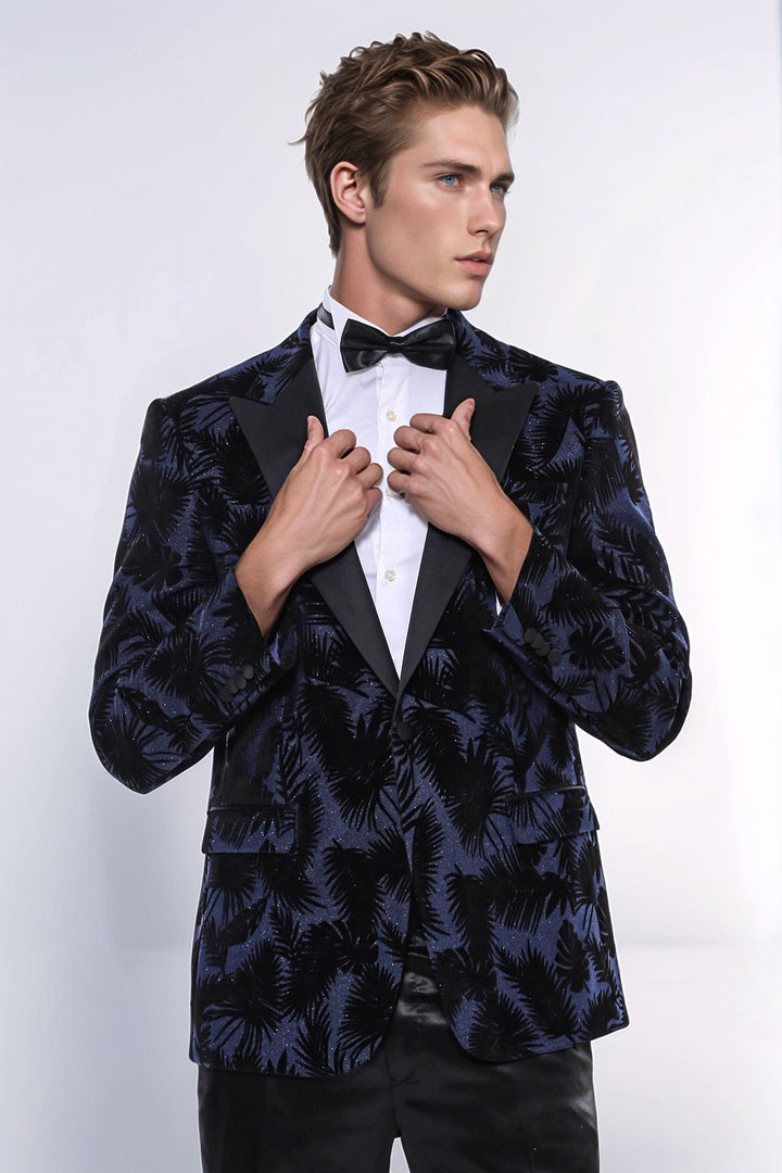Shiny Leaf Patterned Navy Blue Men Tuxedo Party  Blazer - Wessi