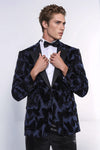 Shiny Leaf Patterned Navy Blue Men Tuxedo Party  Blazer - Wessi