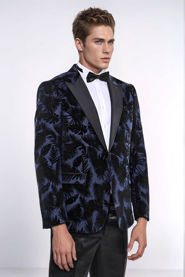 Shiny Leaf Patterned Navy Blue Men Tuxedo Party  Blazer - Wessi