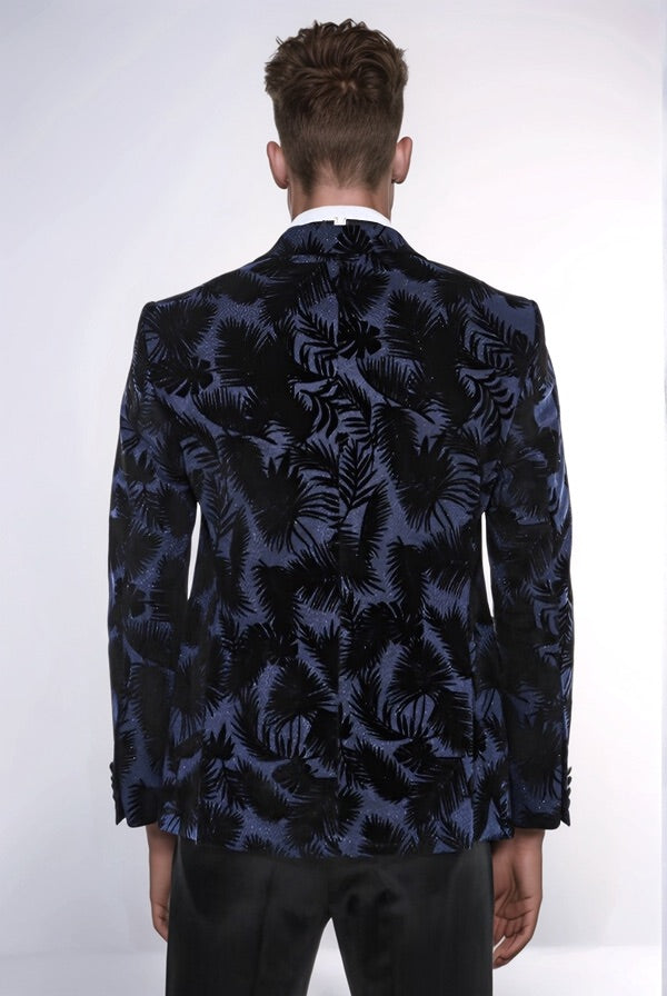 Shiny Leaf Patterned Navy Blue Men Tuxedo Party  Blazer - Wessi
