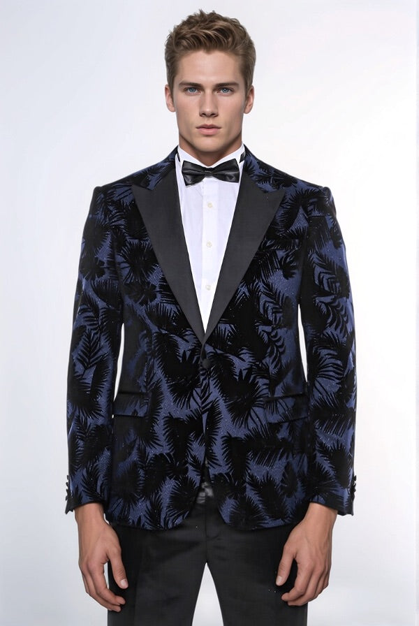 Blazer de fiesta para hombre azul marino con estampado de hojas brillantes - Wessi