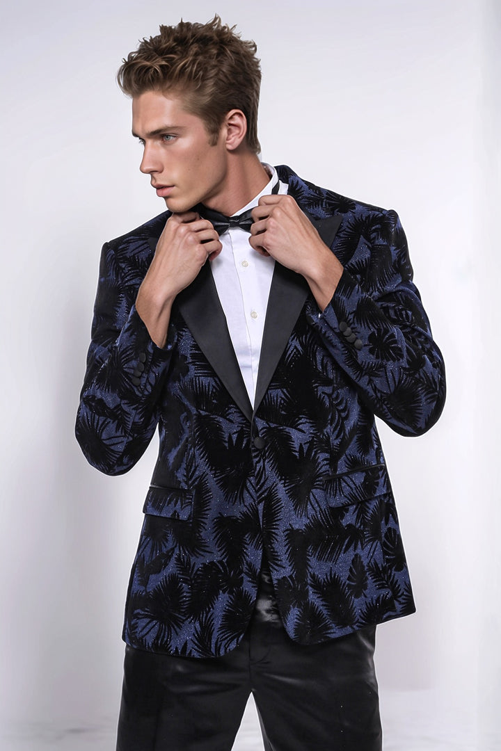 Blazer de fiesta para hombre azul marino con estampado de hojas brillantes - Wessi