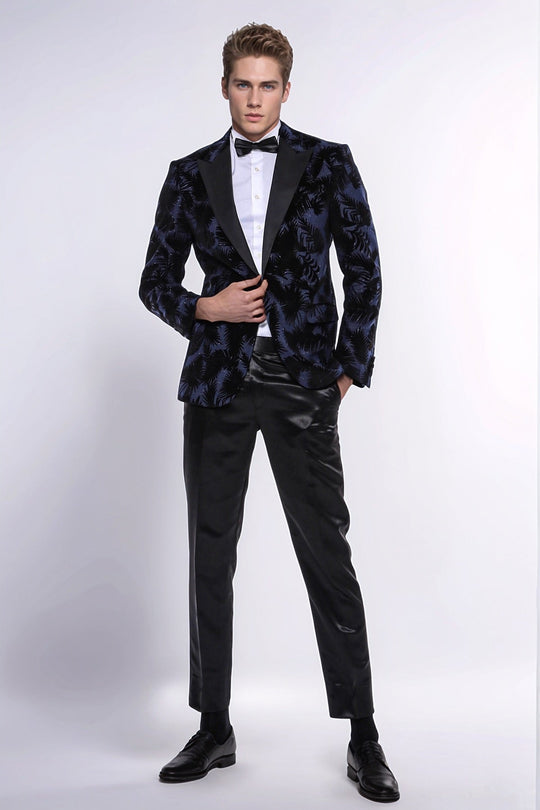 Shiny Leaf Patterned Navy Blue Men Tuxedo Party  Blazer - Wessi