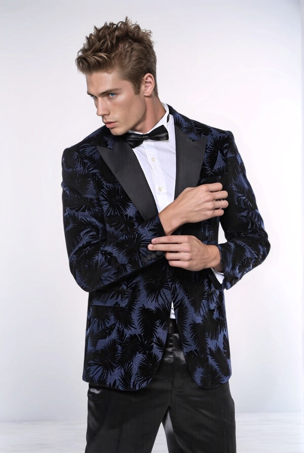 Blazer de fiesta para hombre azul marino con estampado de hojas brillantes - Wessi