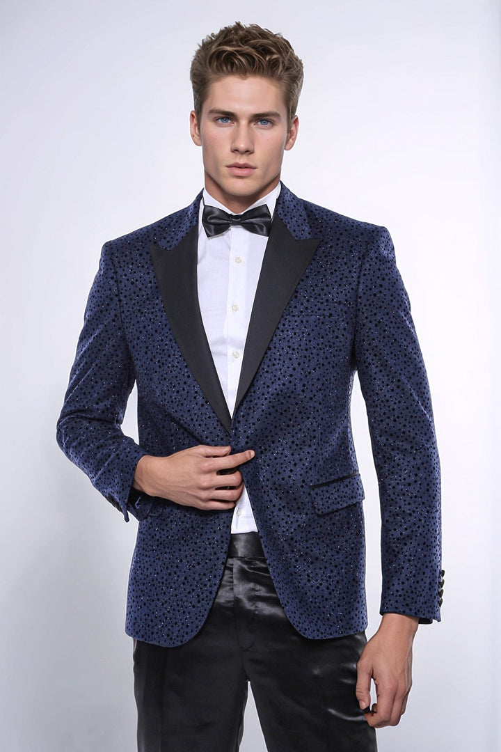 Shiny Dot Patterned Navy Blue Men Party Blazer - Wessi